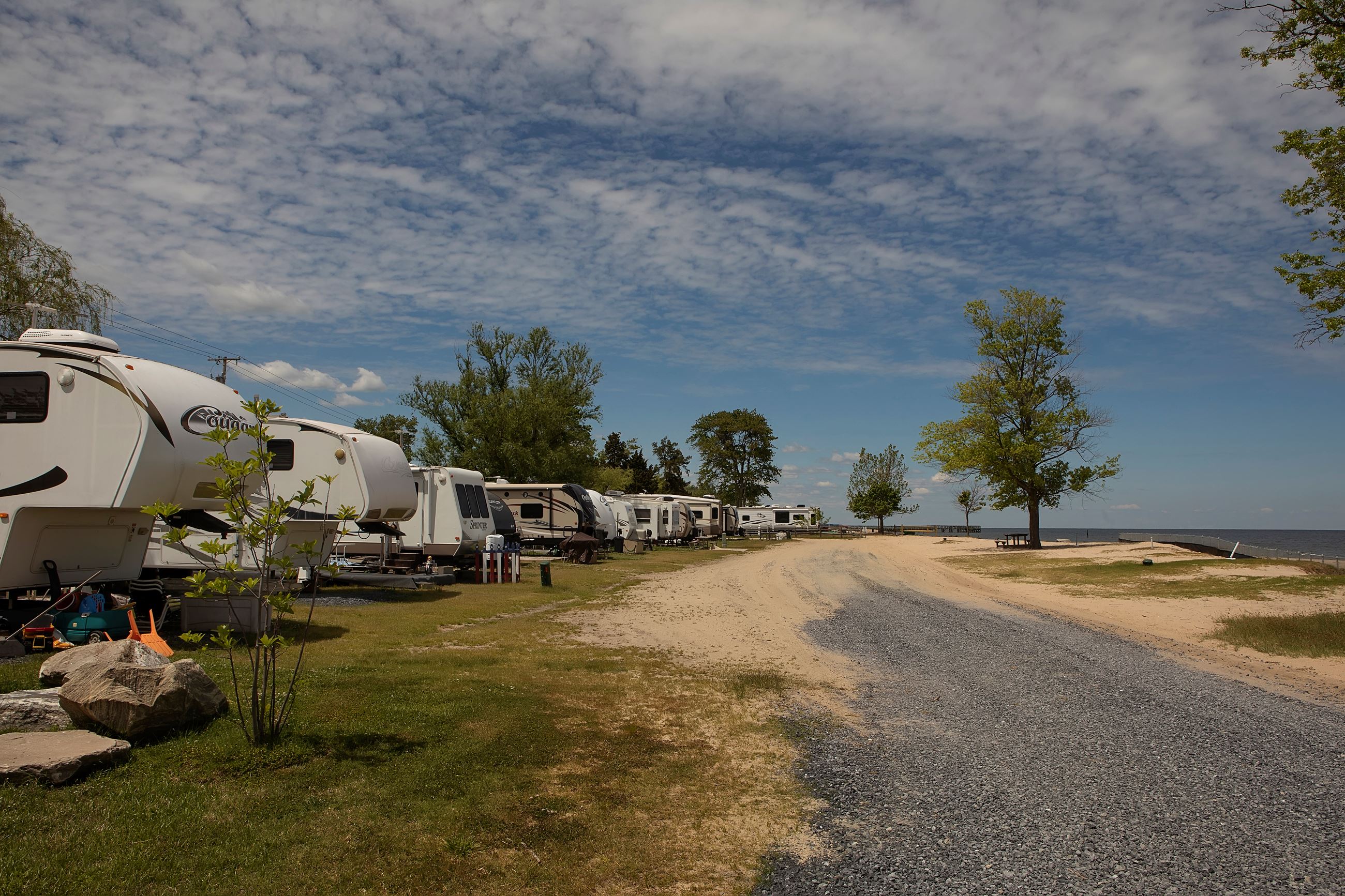 Camping trailers facing the bay