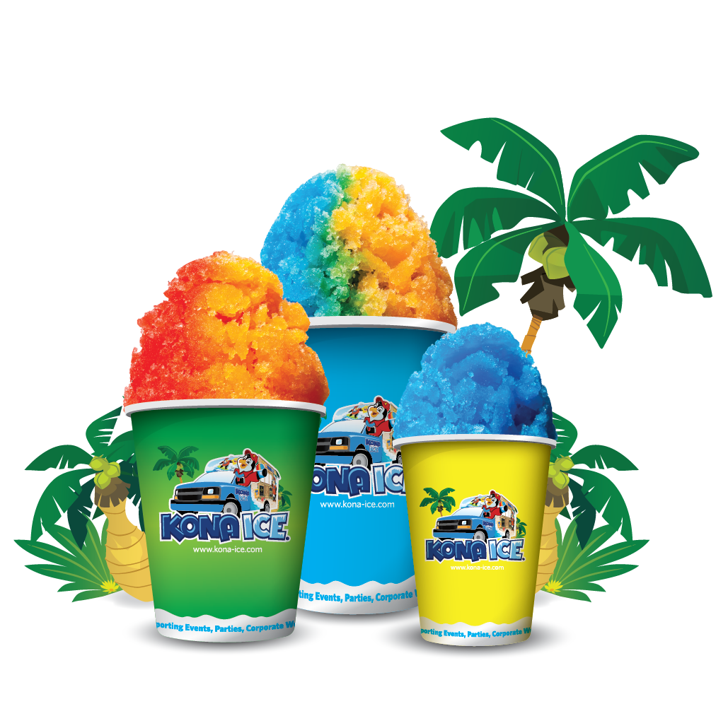 Kona ice snow cones with palm trees in the background