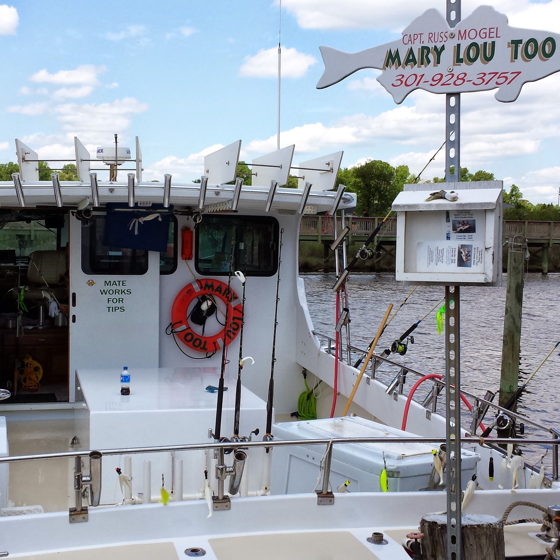 Mary Lou Too charter fishing boat with fish shaped sign
