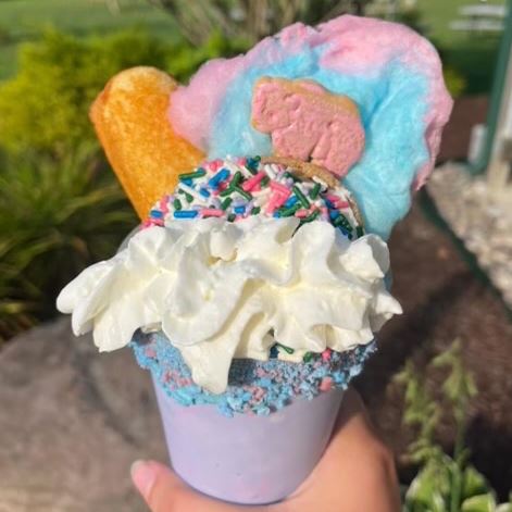 Cotton candy ice cream topped with whipped cream, frosted animal crackers and cotton candy