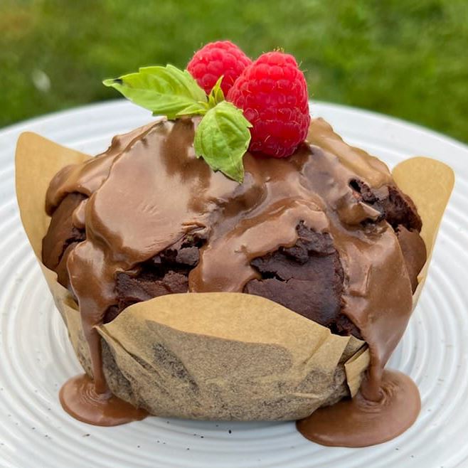 Chocolate raspberry muffins with a ganache