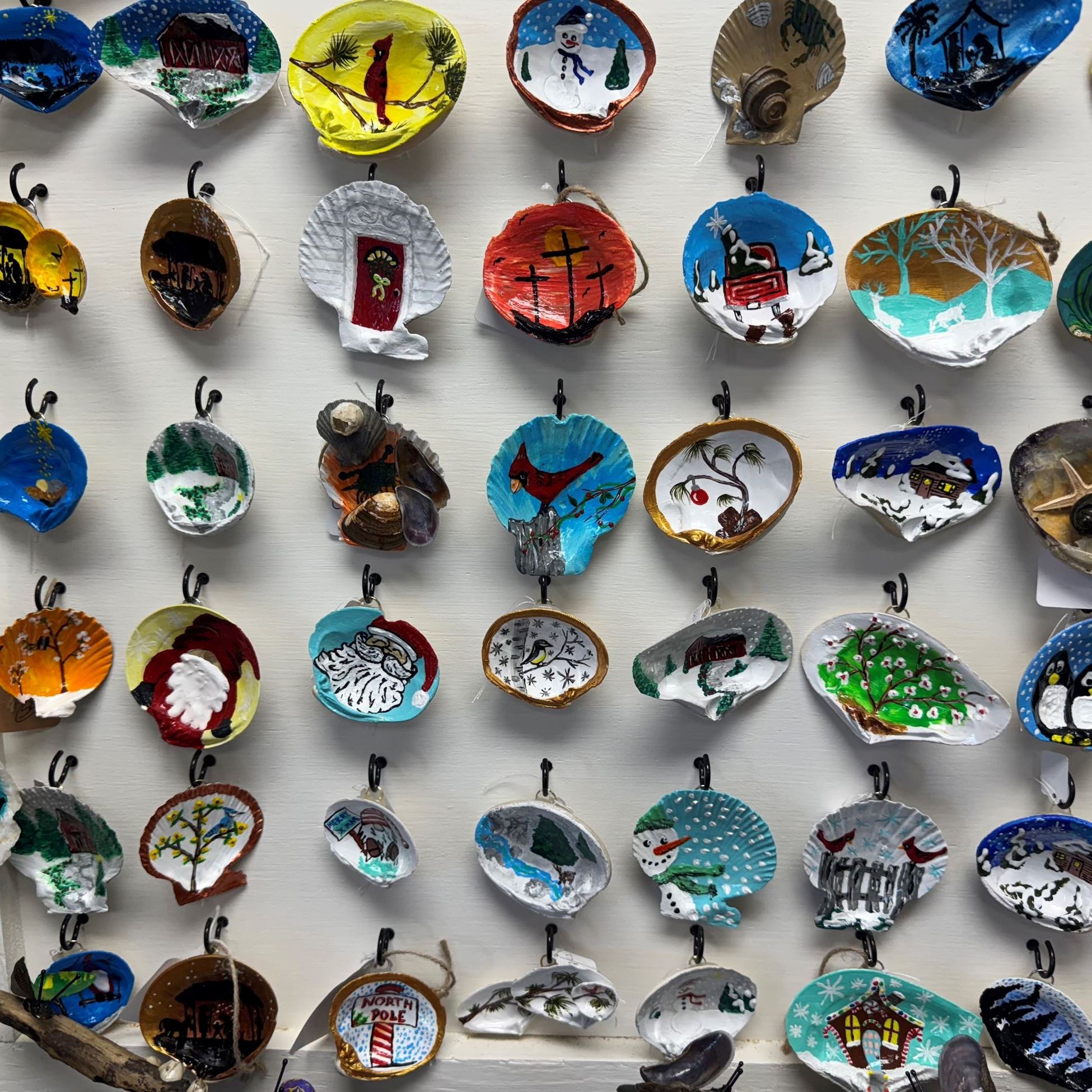 painted seashells hanging on wall display